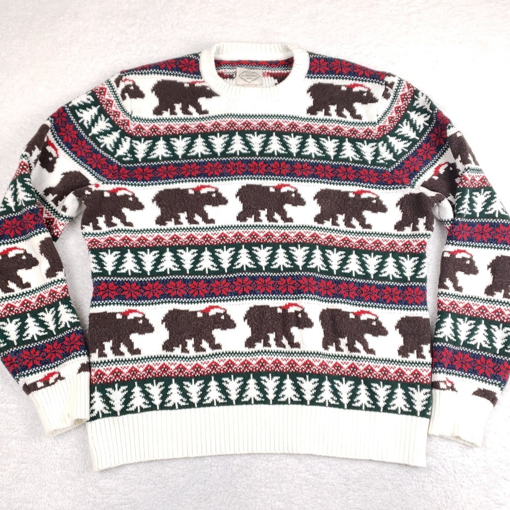 St Johns Bay Mens M Cotton Fair Isle Christmas Bear Sweater Cabin Heritage